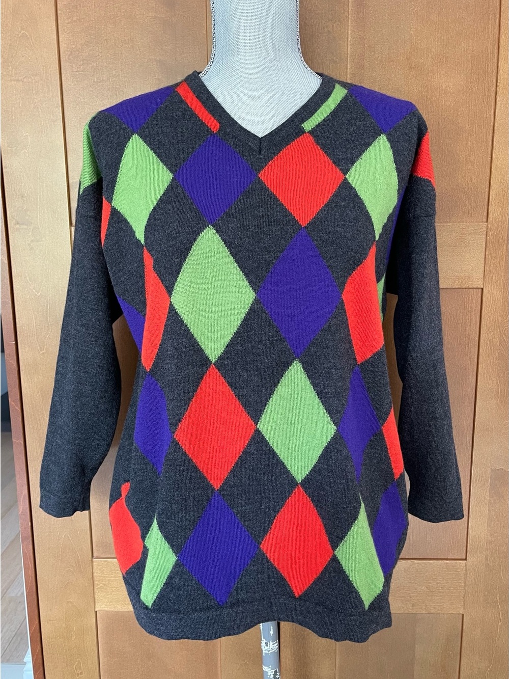Marina Sport Italy Grey Argyle Wool Sweater with Red, Green & Purple Pattern, L